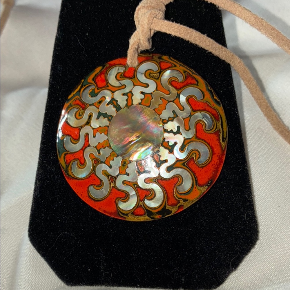 Artistic Orange Abalone inlayed SerpentineNecklace  Intricate Design